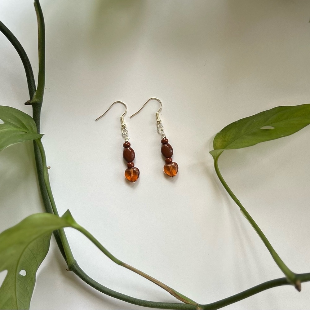 Handmade Brown and Amber Heart Dangle Earrings